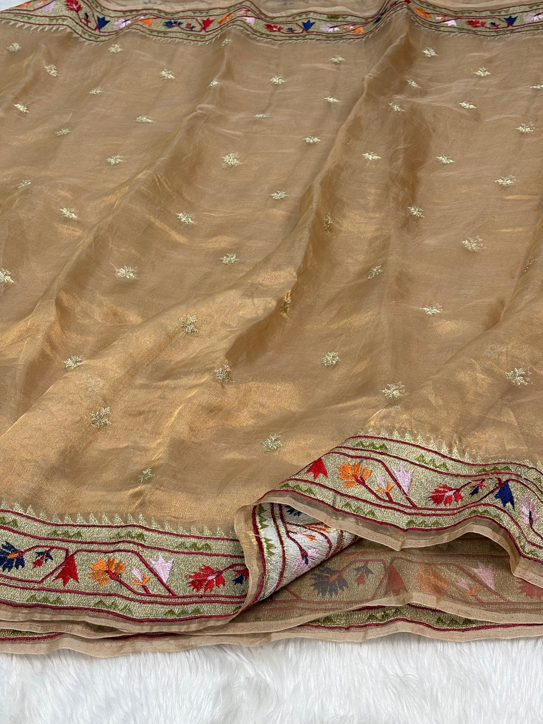 Antique Gold Pure Tissue Banarasi Saree with Meenakari Border and Pathani Style Zari Embroidery