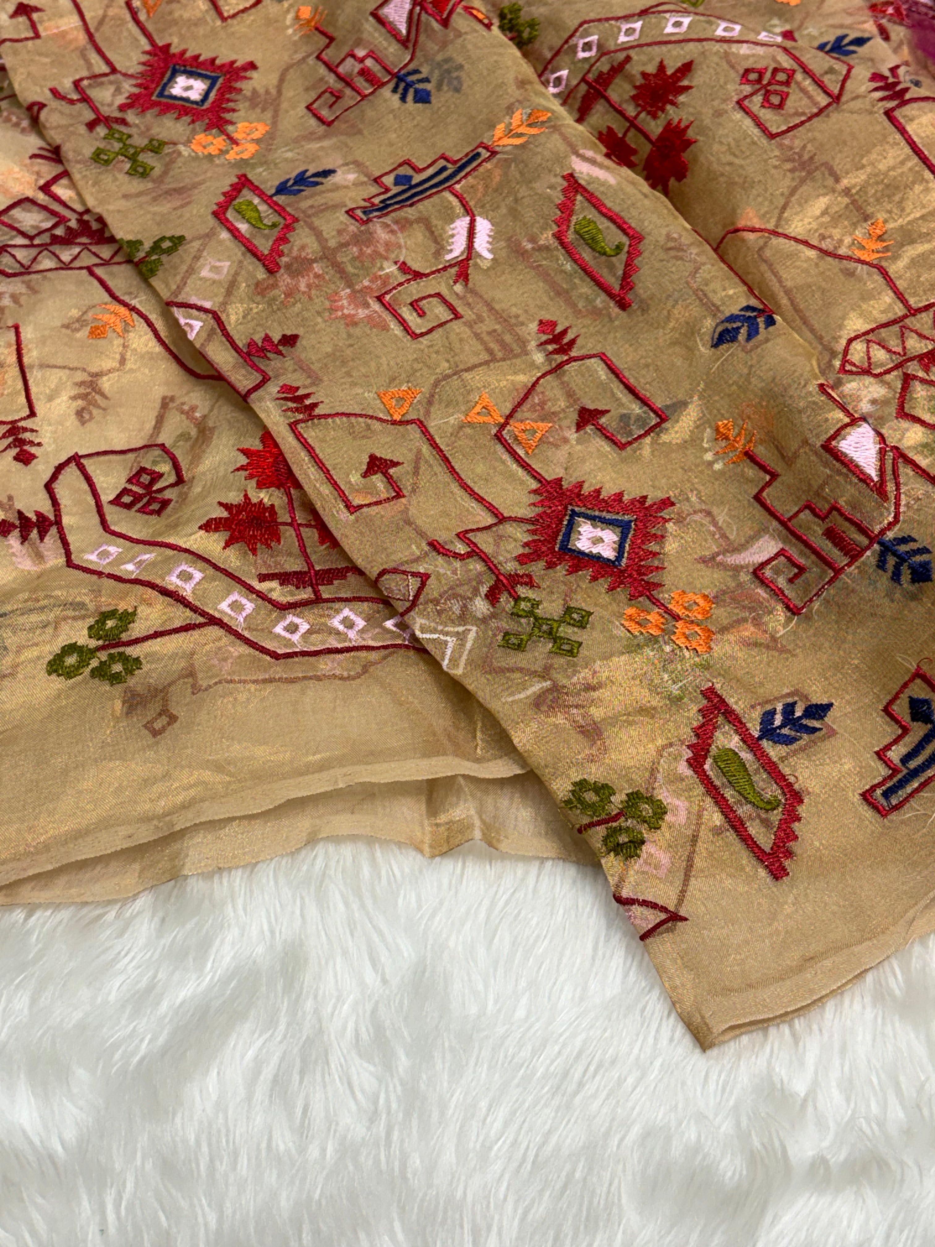 Antique Gold Pure Tissue Banarasi Saree with Meenakari Border and Pathani Style Zari Embroidery