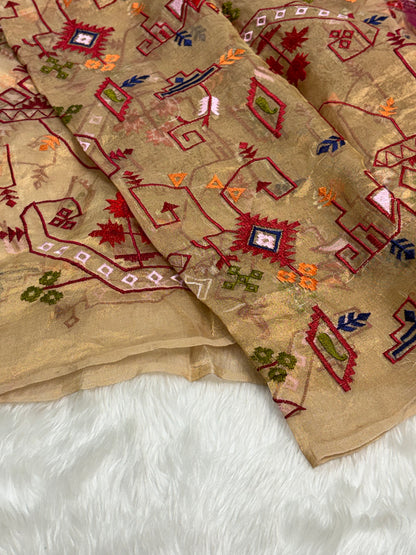 Antique Gold Pure Tissue Banarasi Saree with Meenakari Border and Pathani Style Zari Embroidery