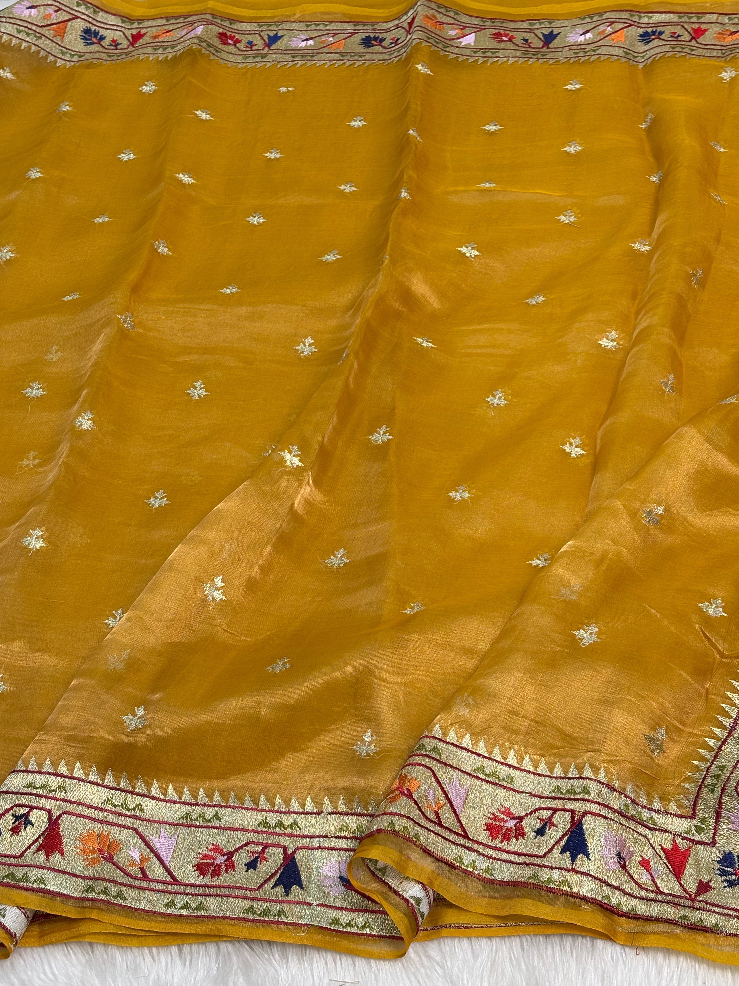 Mustard Gold Pure Tissue Banarasi Saree with Meenakari Border and Pathani Style Zari Embroidery