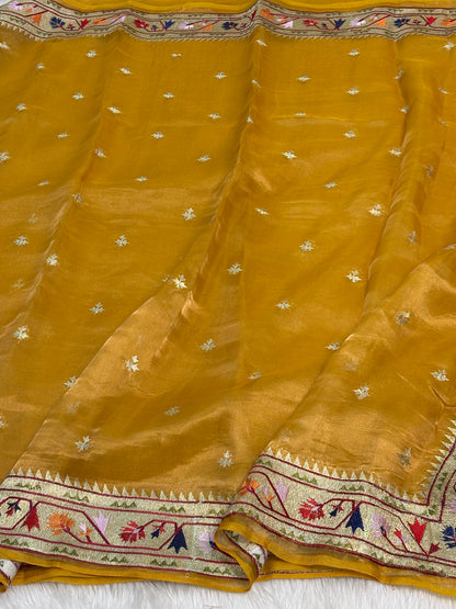Mustard Gold Pure Tissue Banarasi Saree with Meenakari Border and Pathani Style Zari Embroidery