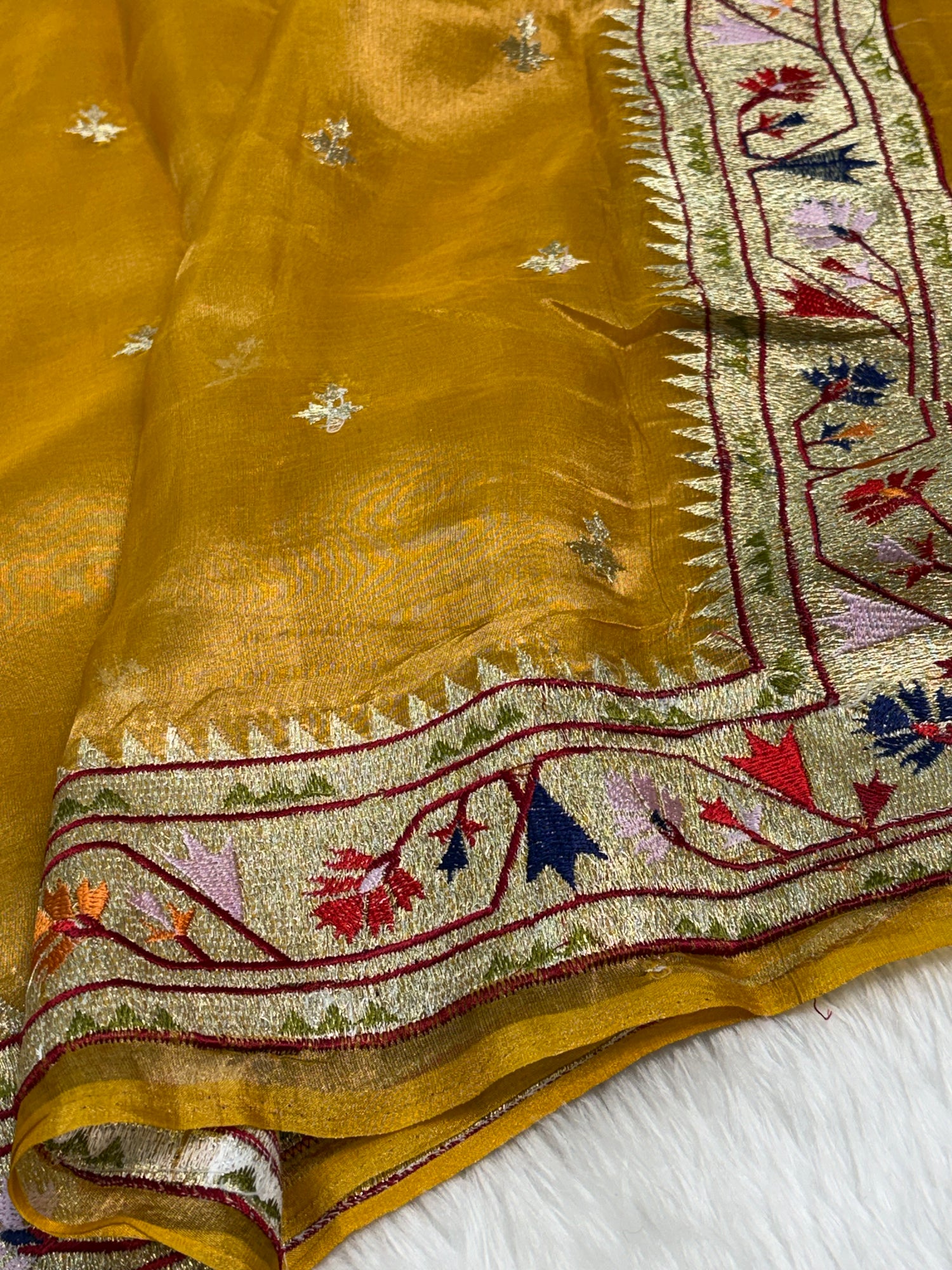 Mustard Gold Pure Tissue Banarasi Saree with Meenakari Border and Pathani Style Zari Embroidery