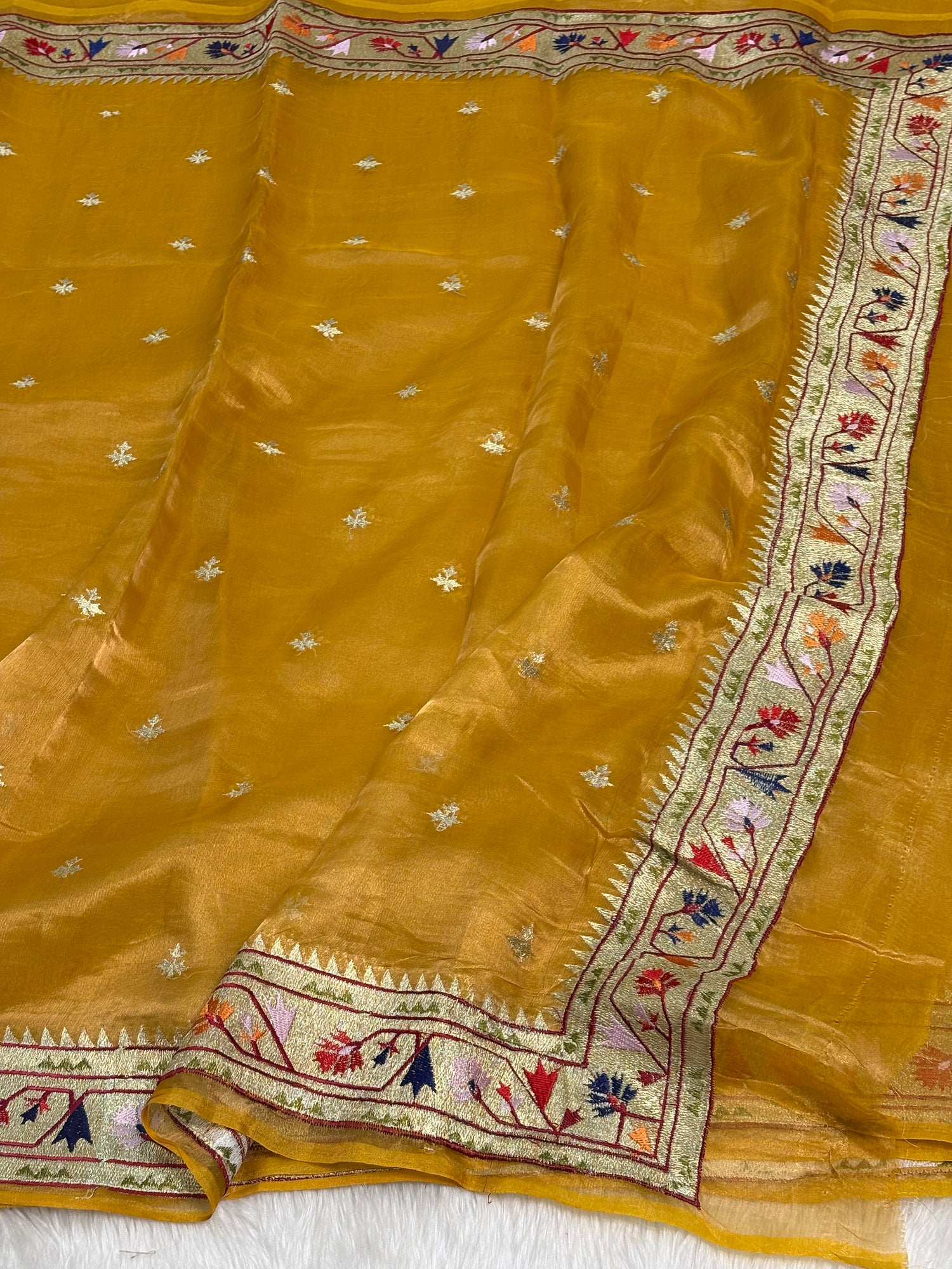 Mustard Gold Pure Tissue Banarasi Saree with Meenakari Border and Pathani Style Zari Embroidery