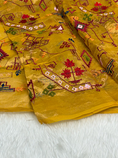 Mustard Gold Pure Tissue Banarasi Saree with Meenakari Border and Pathani Style Zari Embroidery