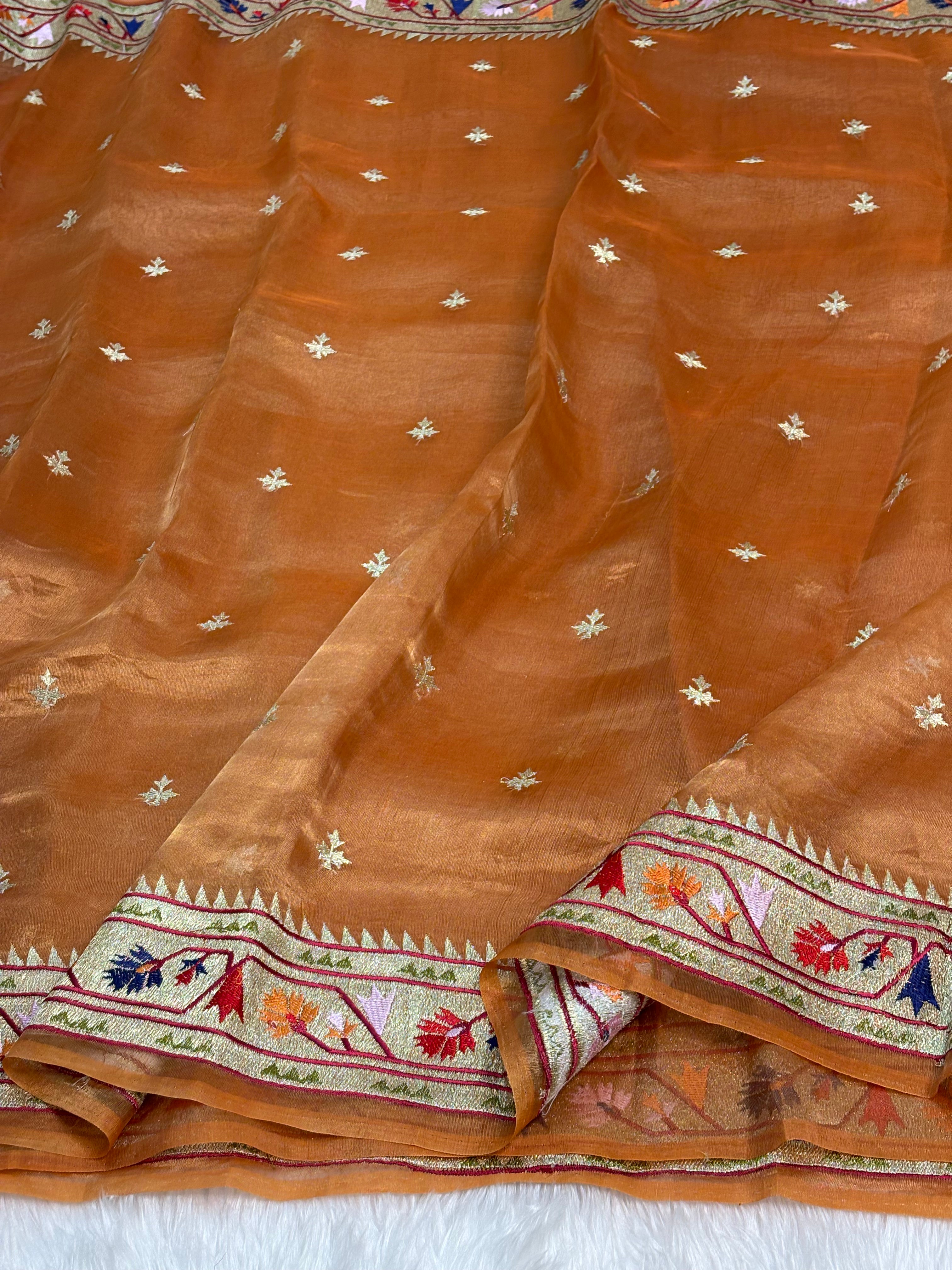 Copper Gold Pure Tissue Banarasi Saree with Meenakari Border and Pathani Style Zari Embroidery