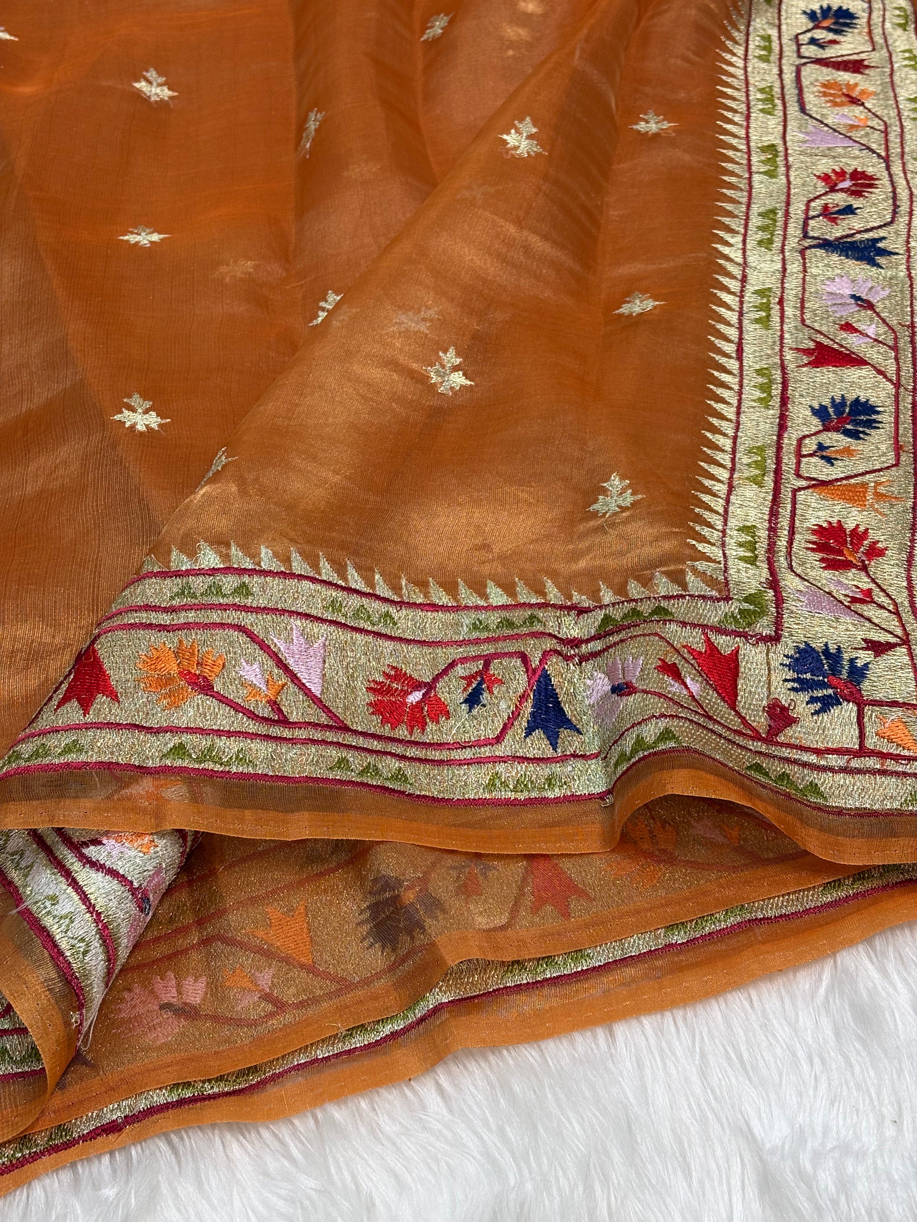 Copper Gold Pure Tissue Banarasi Saree with Meenakari Border and Pathani Style Zari Embroidery