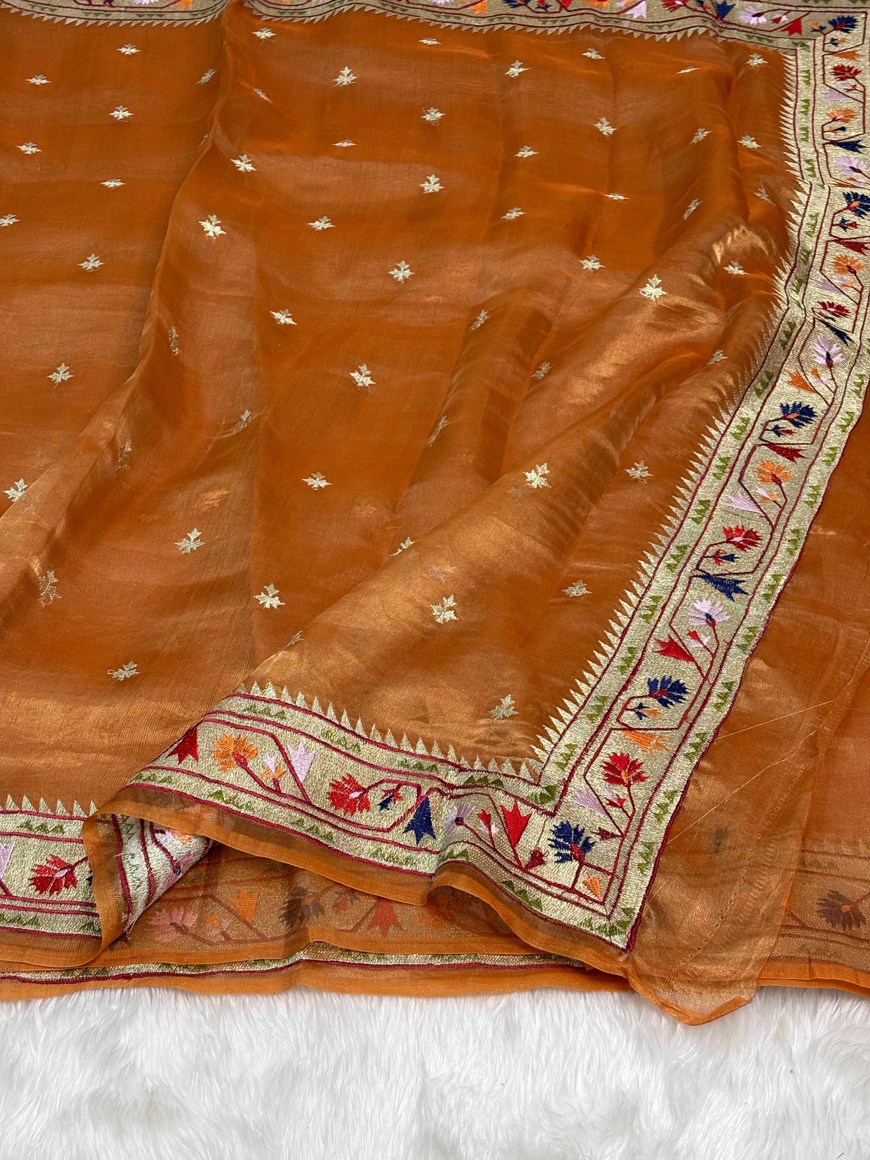 Copper Gold Pure Tissue Banarasi Saree with Meenakari Border and Pathani Style Zari Embroidery