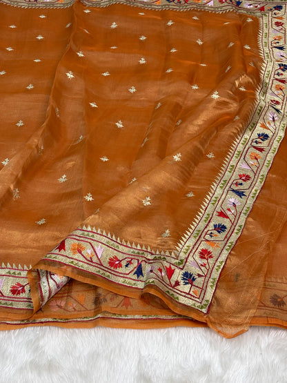 Copper Gold Pure Tissue Banarasi Saree with Meenakari Border and Pathani Style Zari Embroidery