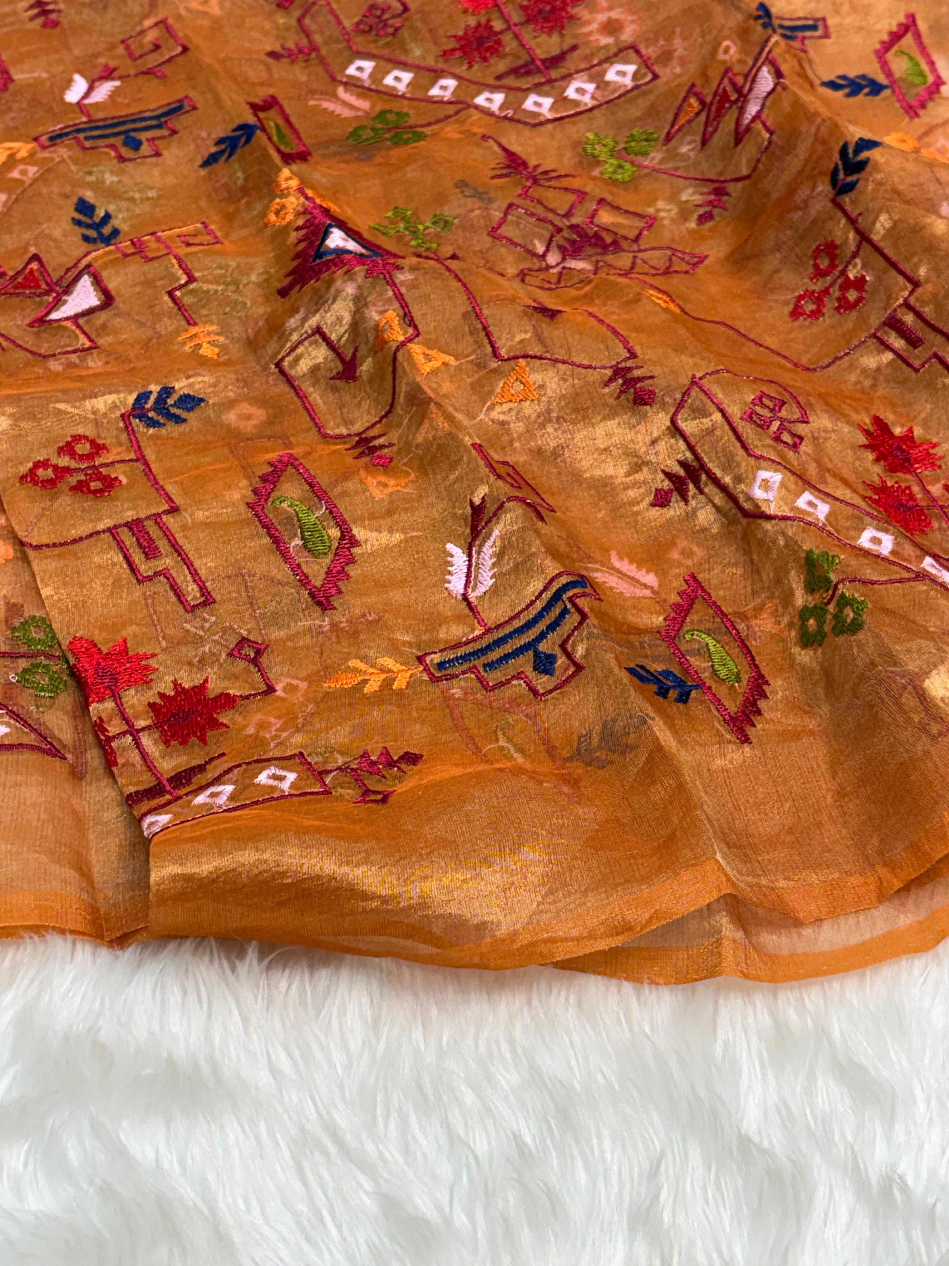 Copper Gold Pure Tissue Banarasi Saree with Meenakari Border and Pathani Style Zari Embroidery