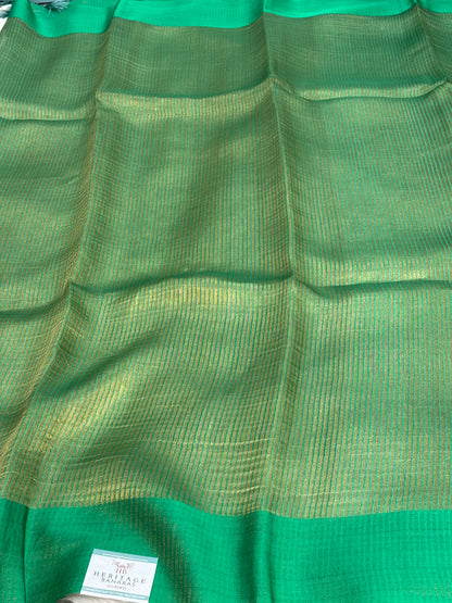 Molten Emerald Green Pure Tissue Banarasi Saree with Satin Katan Silk Border