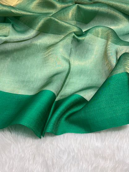 Molten Emerald Green Pure Tissue Banarasi Saree with Satin Katan Silk Border