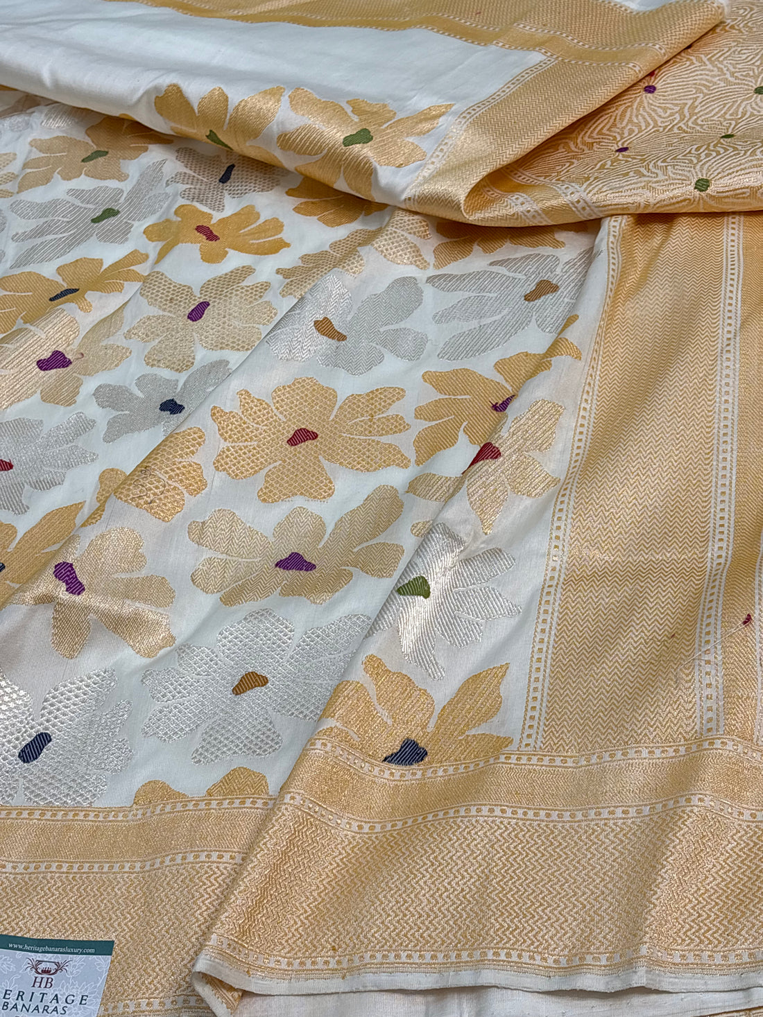 White Moraden Handwoven Banarasi Pure Katan Silk Saree with Meenakari Work