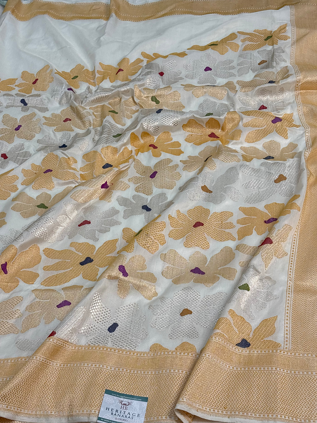 White Moraden Handwoven Banarasi Pure Katan Silk Saree with Meenakari Work