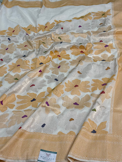 White Moraden Handwoven Banarasi Pure Katan Silk Saree with Meenakari Work