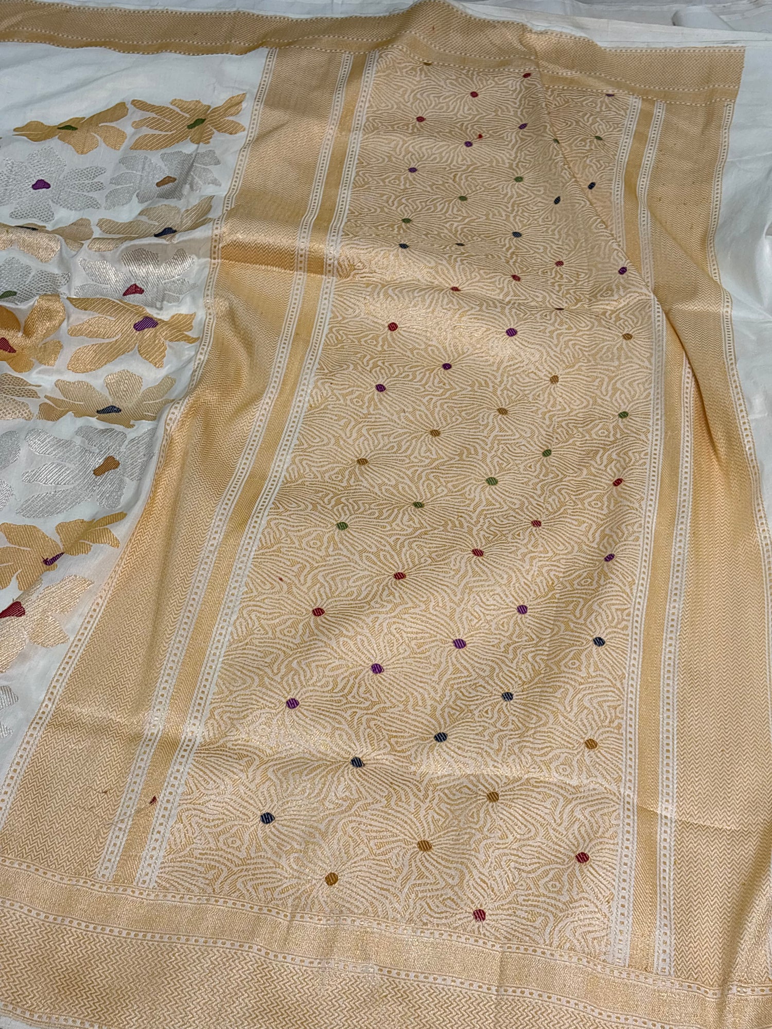 White Moraden Handwoven Banarasi Pure Katan Silk Saree with Meenakari Work