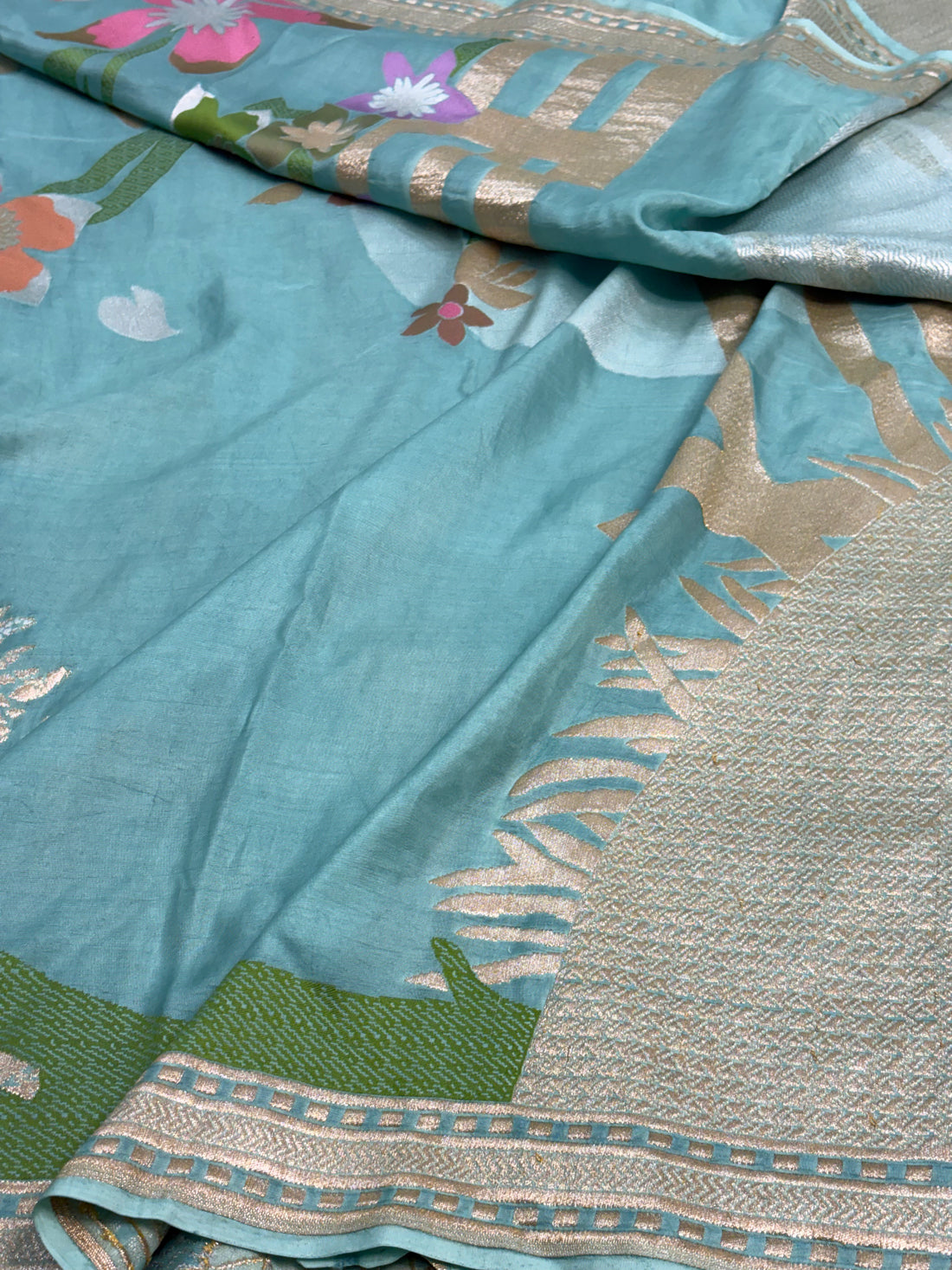 Aqua Blue Handwoven Banarasi Pure Katan Silk Saree with Floral &amp; Tree Motif Weaving