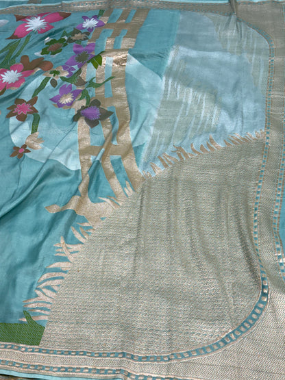 Aqua Blue Handwoven Banarasi Pure Katan Silk Saree with Floral &amp; Tree Motif Weaving