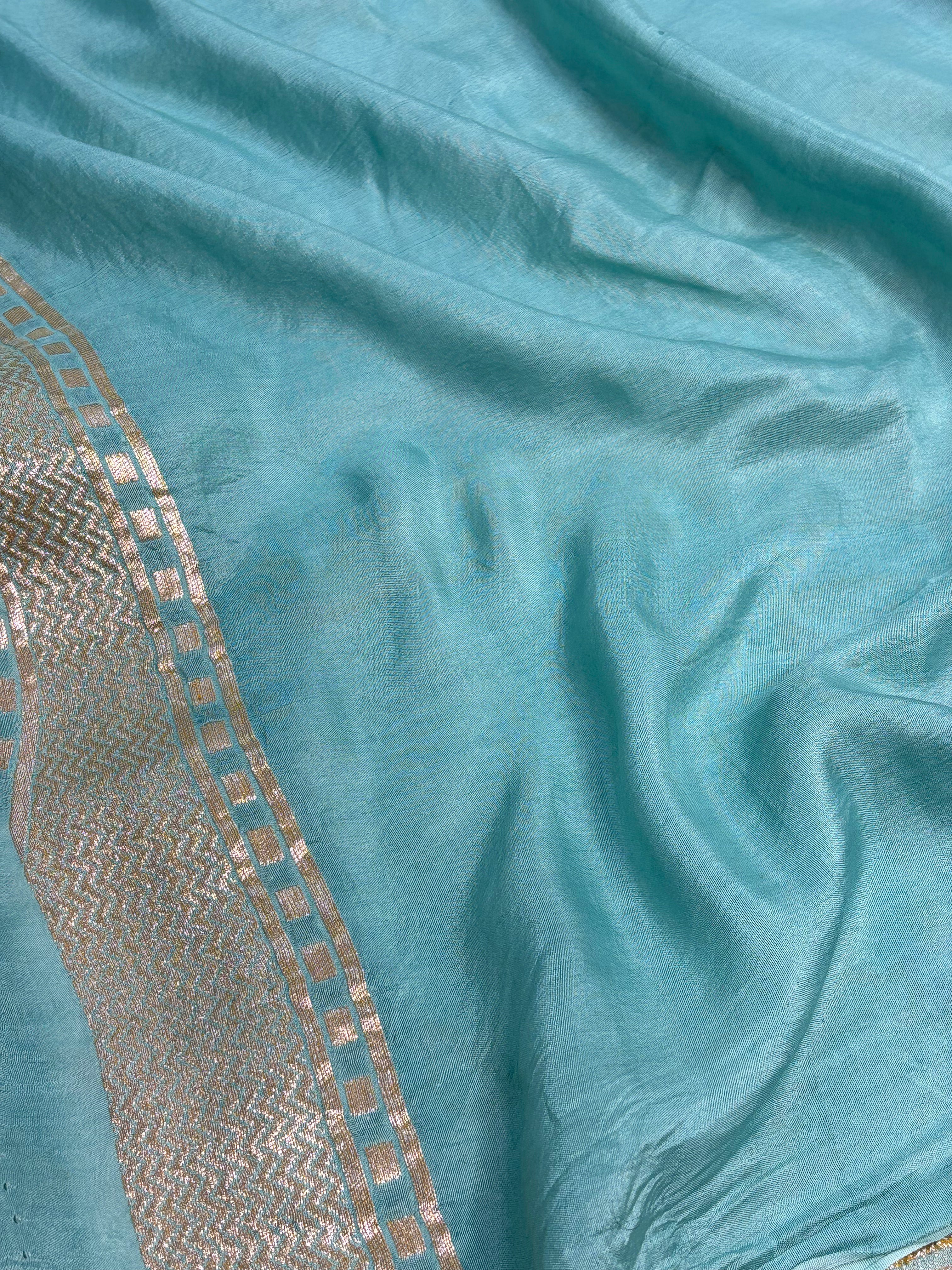 Aqua Blue Handwoven Banarasi Pure Katan Silk Saree with Floral &amp; Tree Motif Weaving