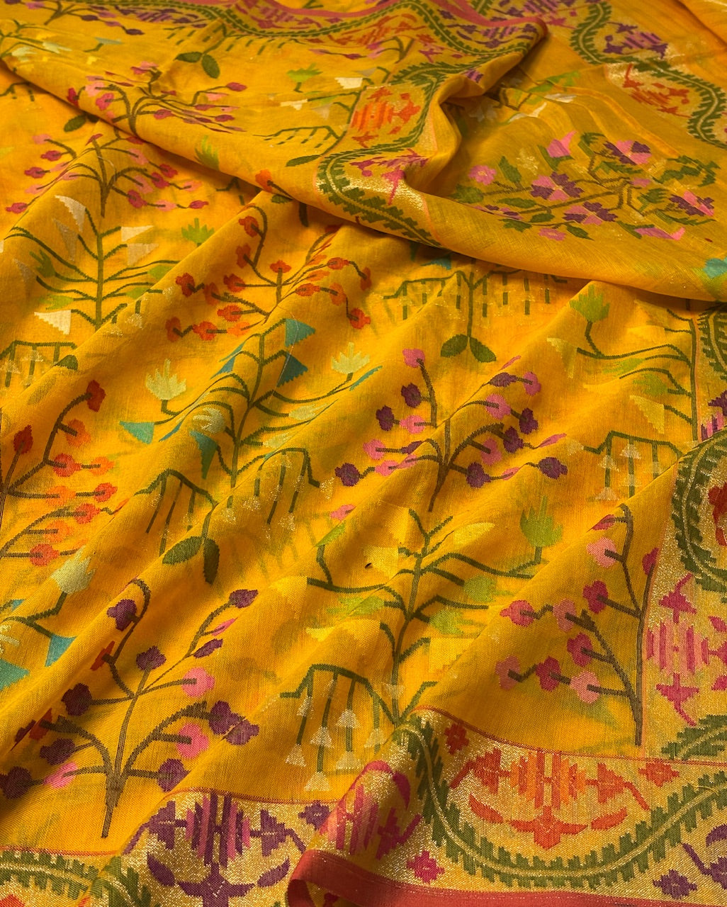 yellow Pure Banarasi Cotton Jamdani Handwoven Saree with Real Zari