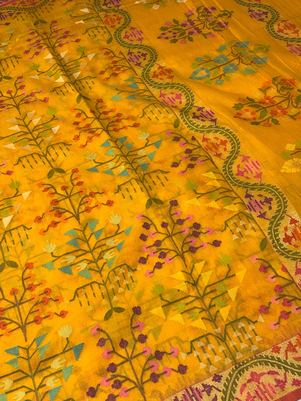 yellow Pure Banarasi Cotton Jamdani Handwoven Saree with Real Zari