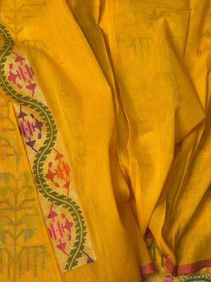 yellow Pure Banarasi Cotton Jamdani Handwoven Saree with Real Zari