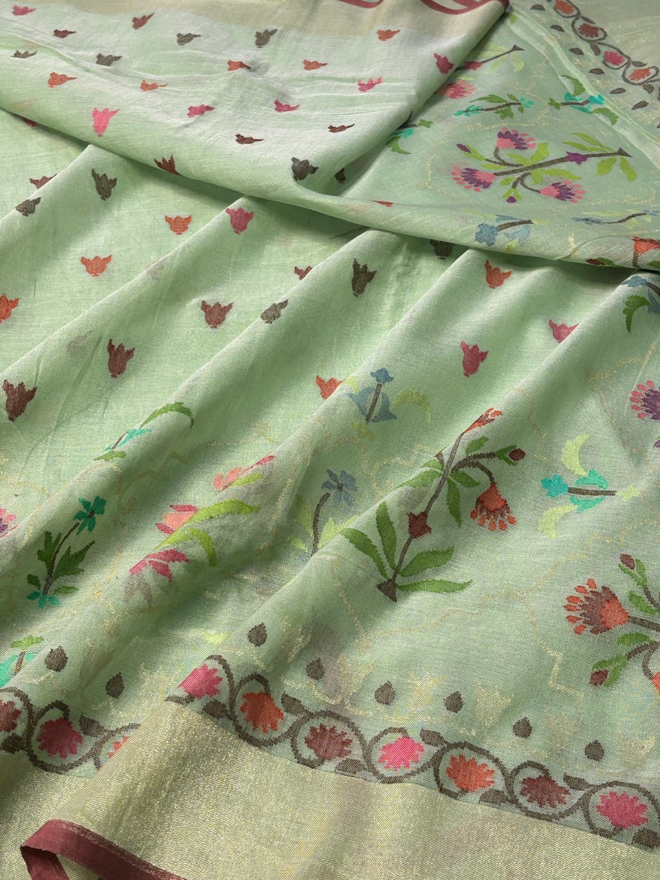 Sea Green Pure Banarasi Cotton Jamdani Handwoven Saree with Real Zari