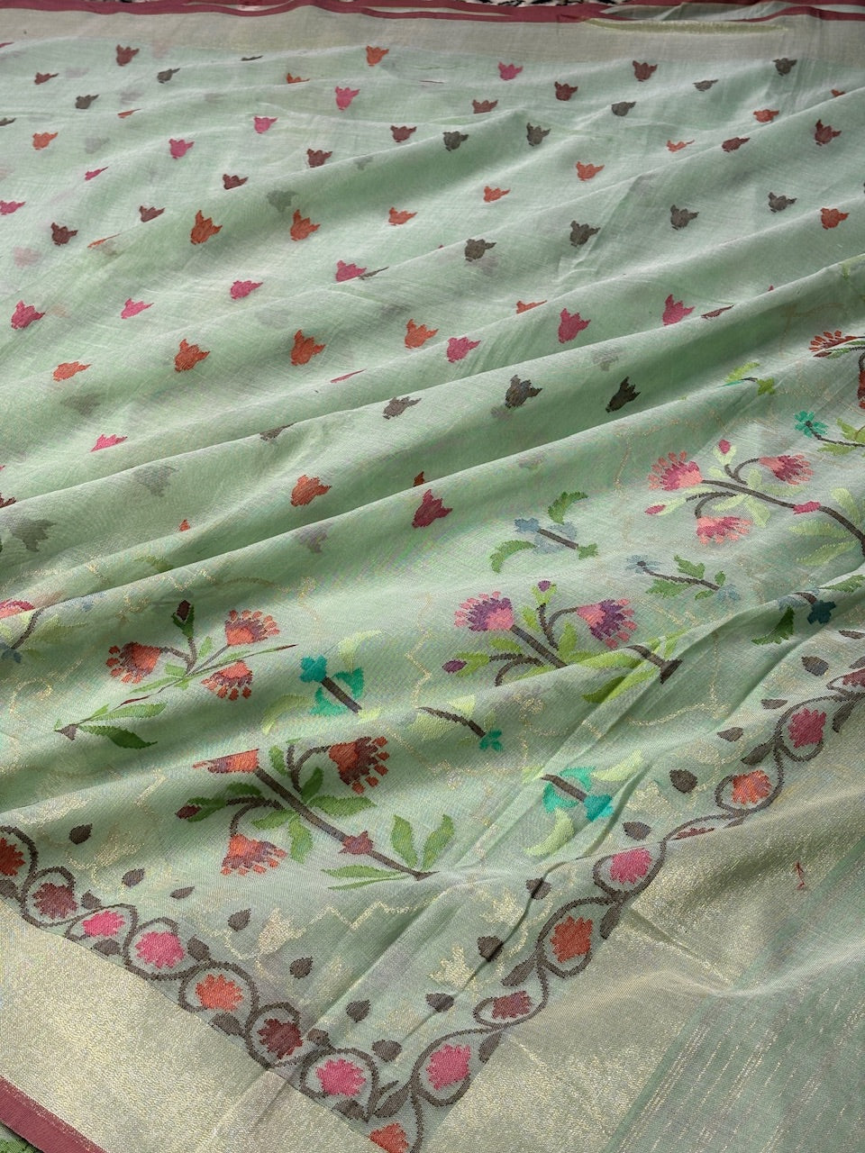 Sea Green Pure Banarasi Cotton Jamdani Handwoven Saree with Real Zari