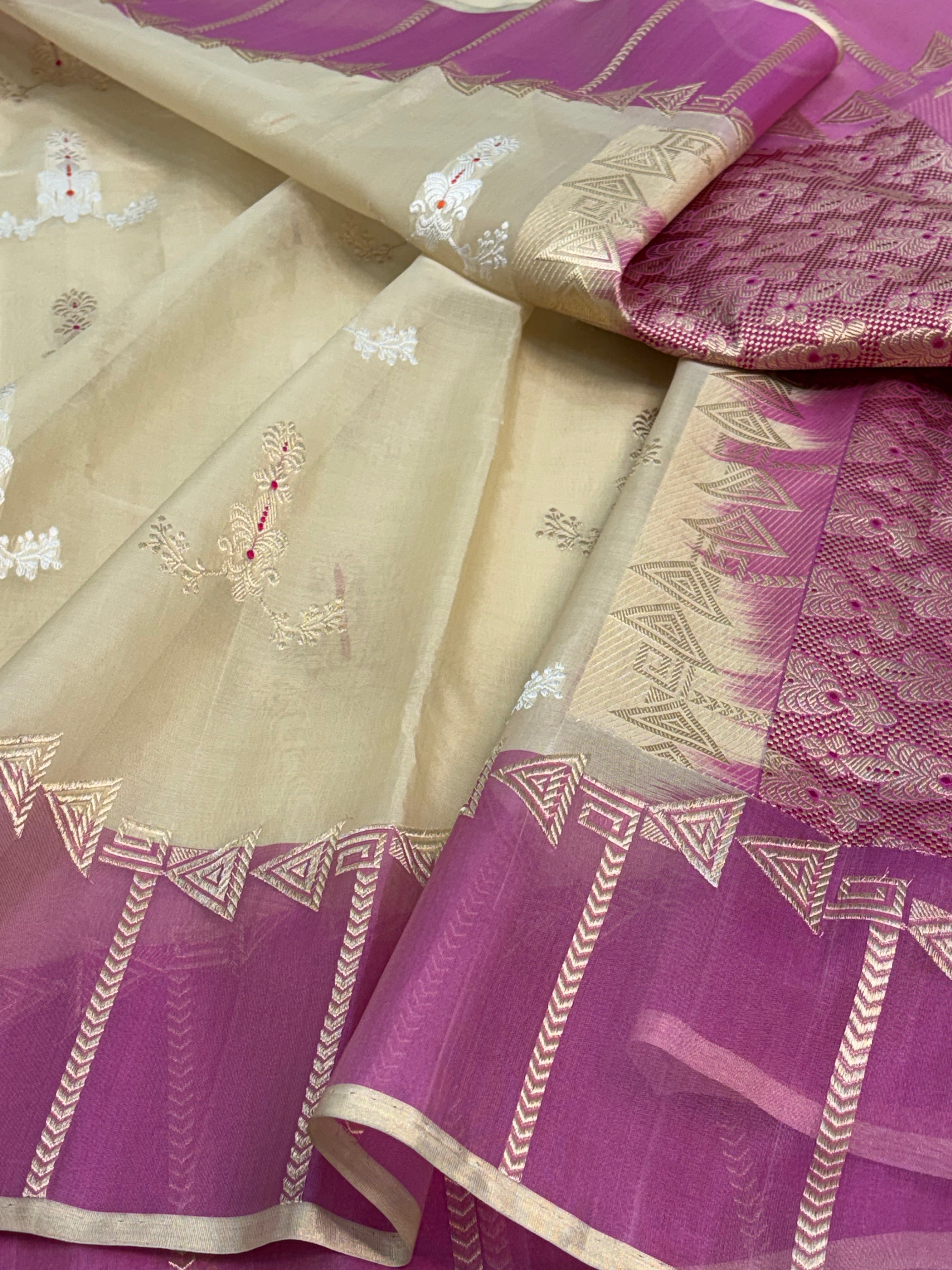 Beige with Pink Handwoven Banarasi Pure Kora Ektara with Kadiyal Border