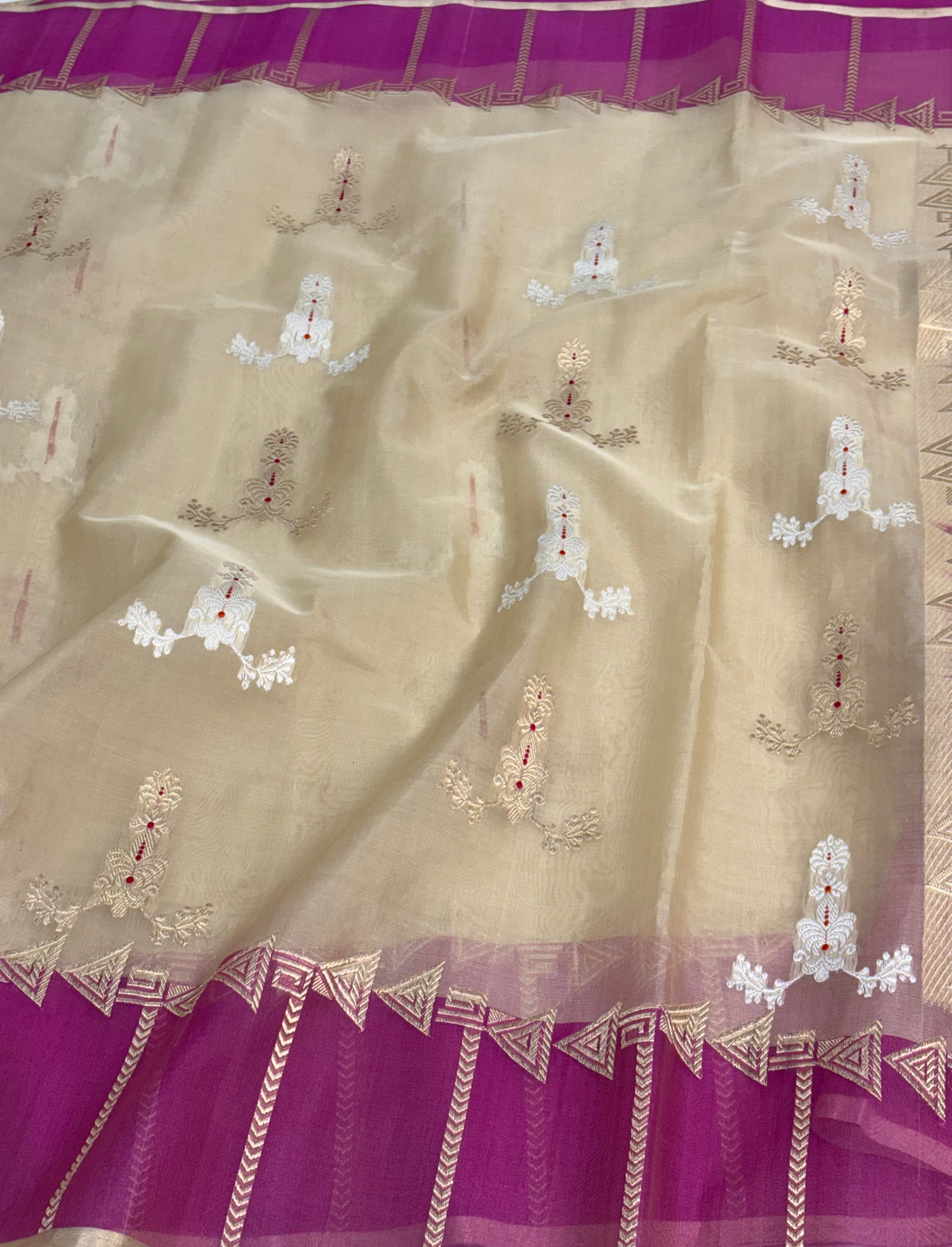 Beige with Pink Handwoven Banarasi Pure Kora Ektara with Kadiyal Border