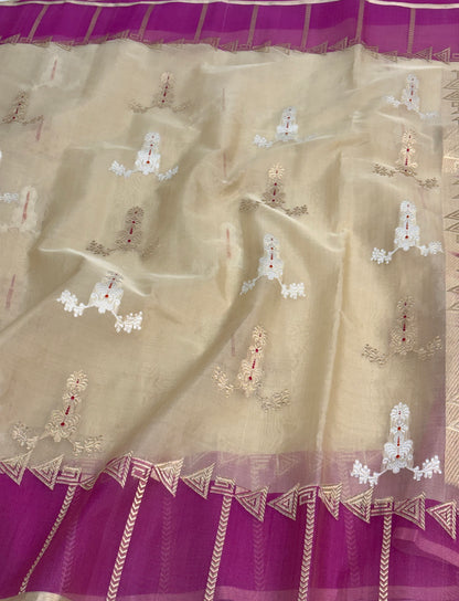 Beige with Pink Handwoven Banarasi Pure Kora Ektara with Kadiyal Border