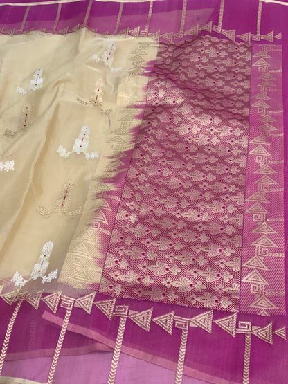 Beige with Pink Handwoven Banarasi Pure Kora Ektara with Kadiyal Border