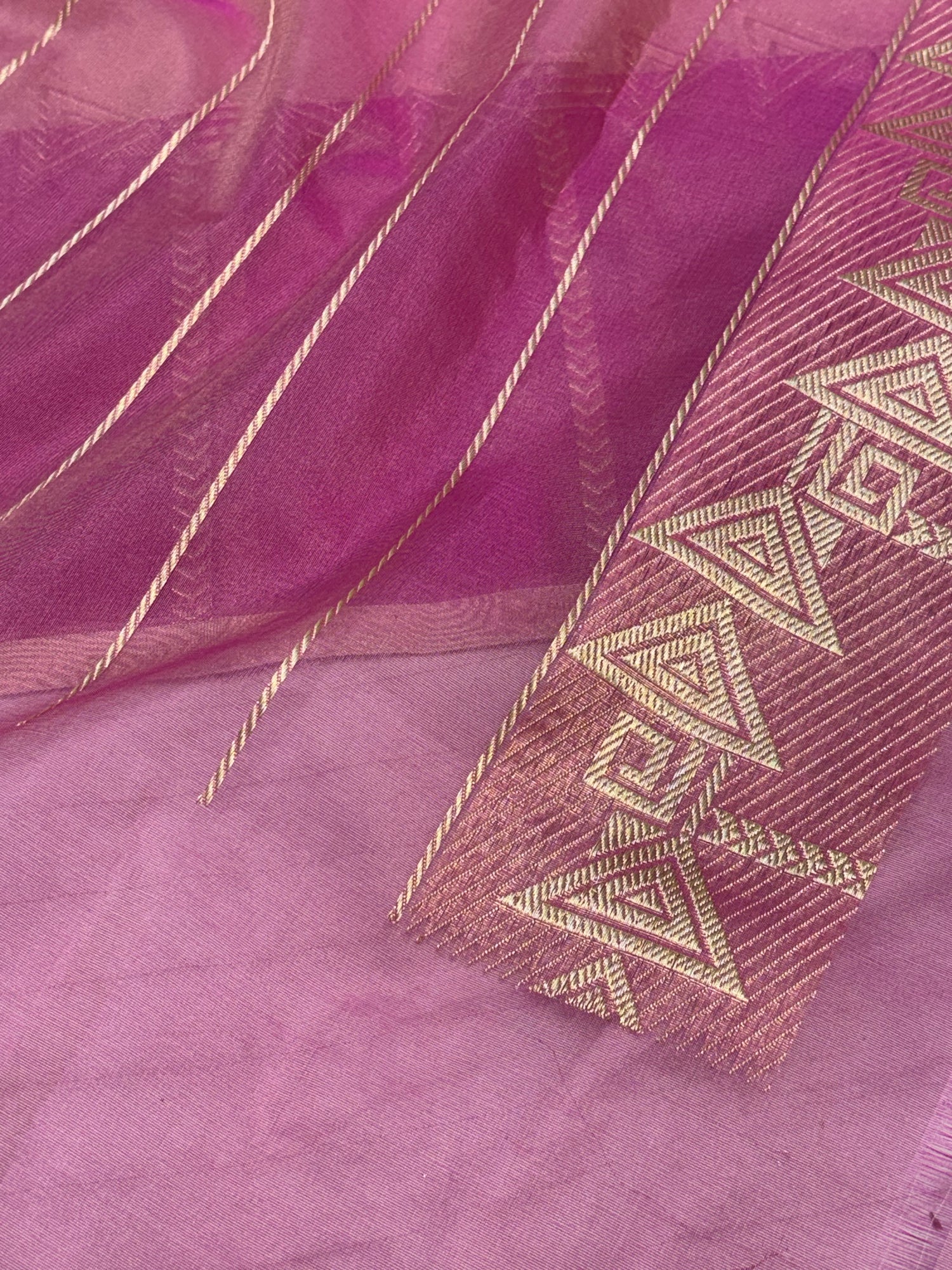 Beige with Pink Handwoven Banarasi Pure Kora Ektara with Kadiyal Border