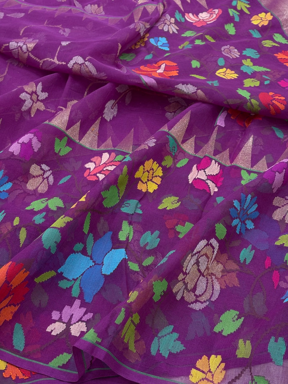 Purple Banarasi Cotton Jamdani Handwoven Saree with Real Zari