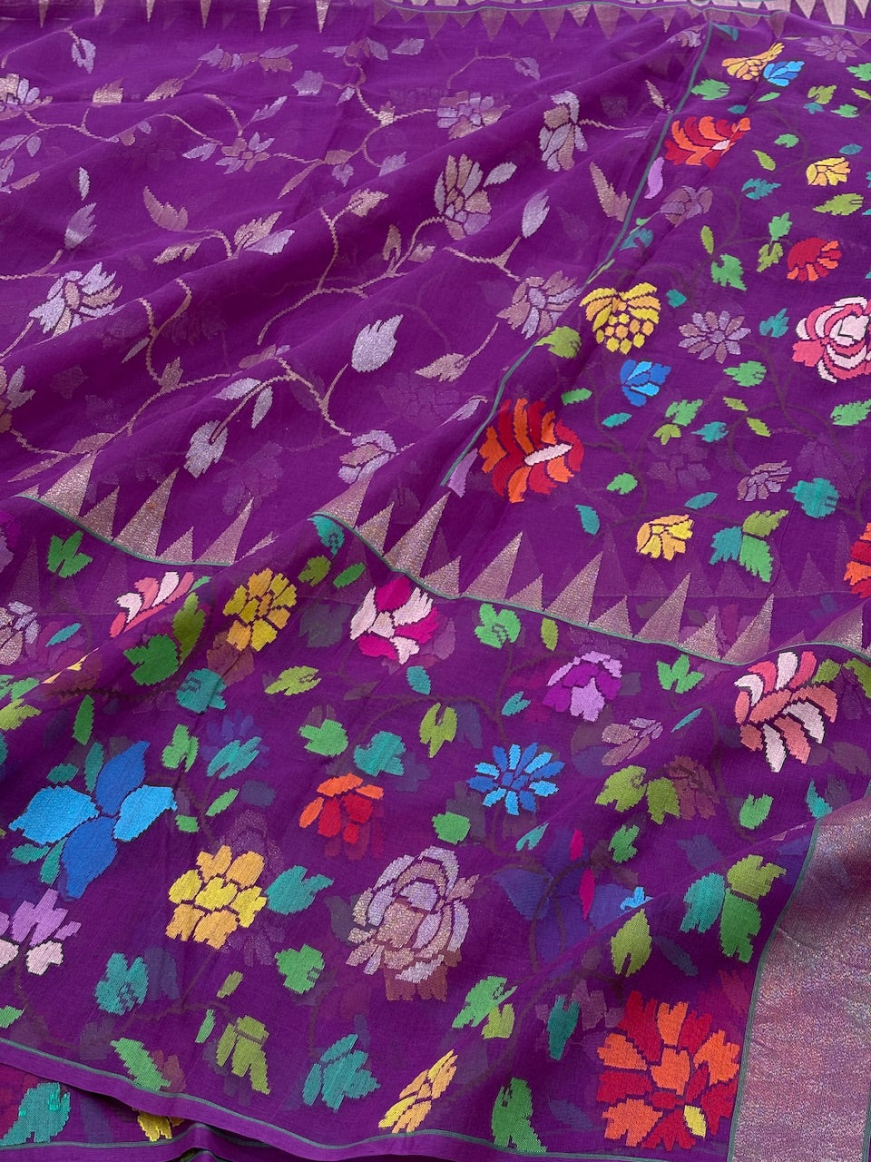 Purple Banarasi Cotton Jamdani Handwoven Saree with Real Zari