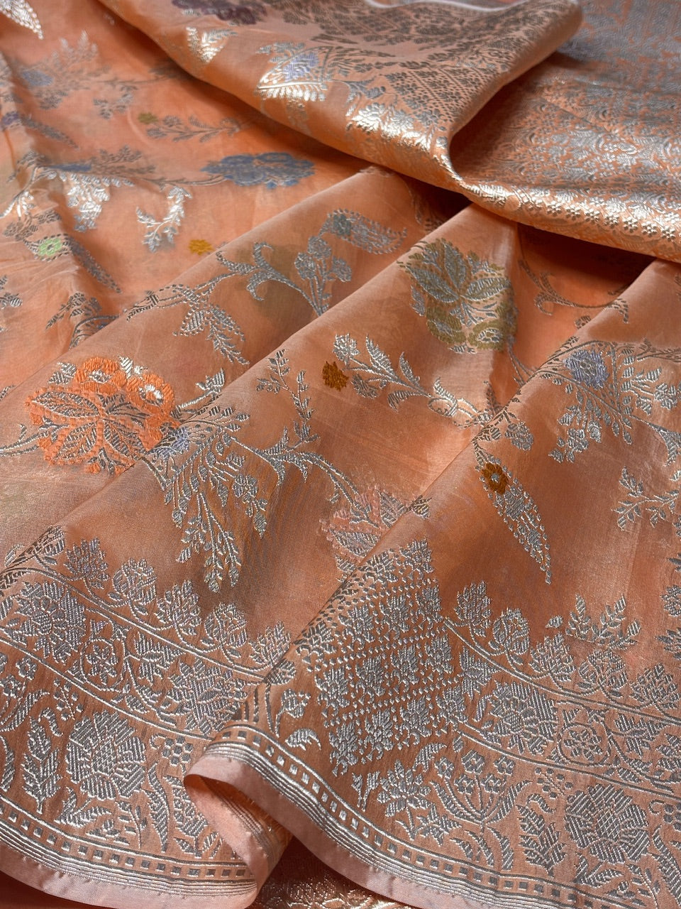 Orange Banarasi Kora Silk Handwoven Saree