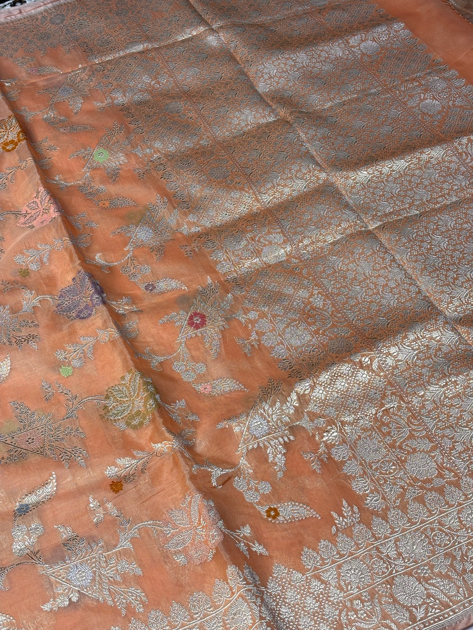 Orange Banarasi Kora Silk Handwoven Saree