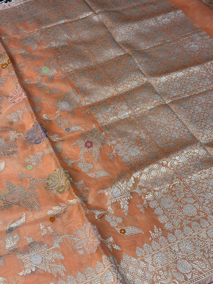 Orange Banarasi Kora Silk Handwoven Saree