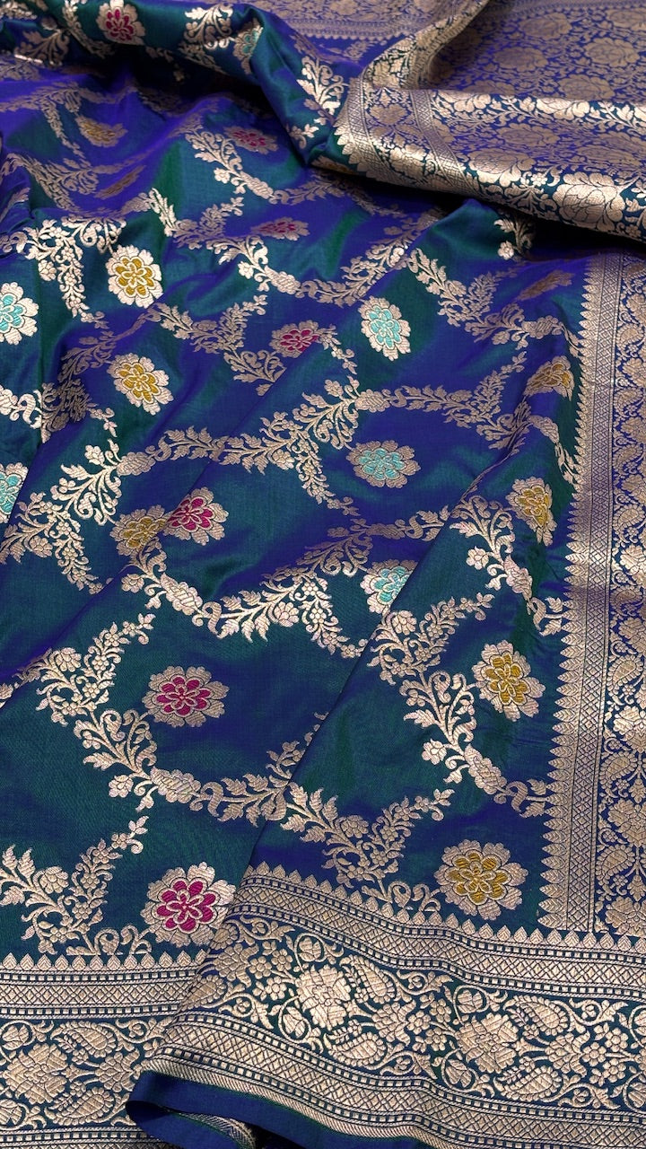 Ocean Blue Pure Banarasi Katan Silk Saree
