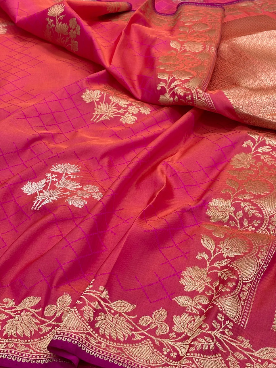 Orangish Pink Banarasi Satin-Mashru Silk Handwoven Saree