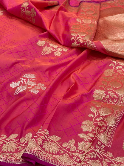Orangish Pink Banarasi Satin-Mashru Silk Handwoven Saree