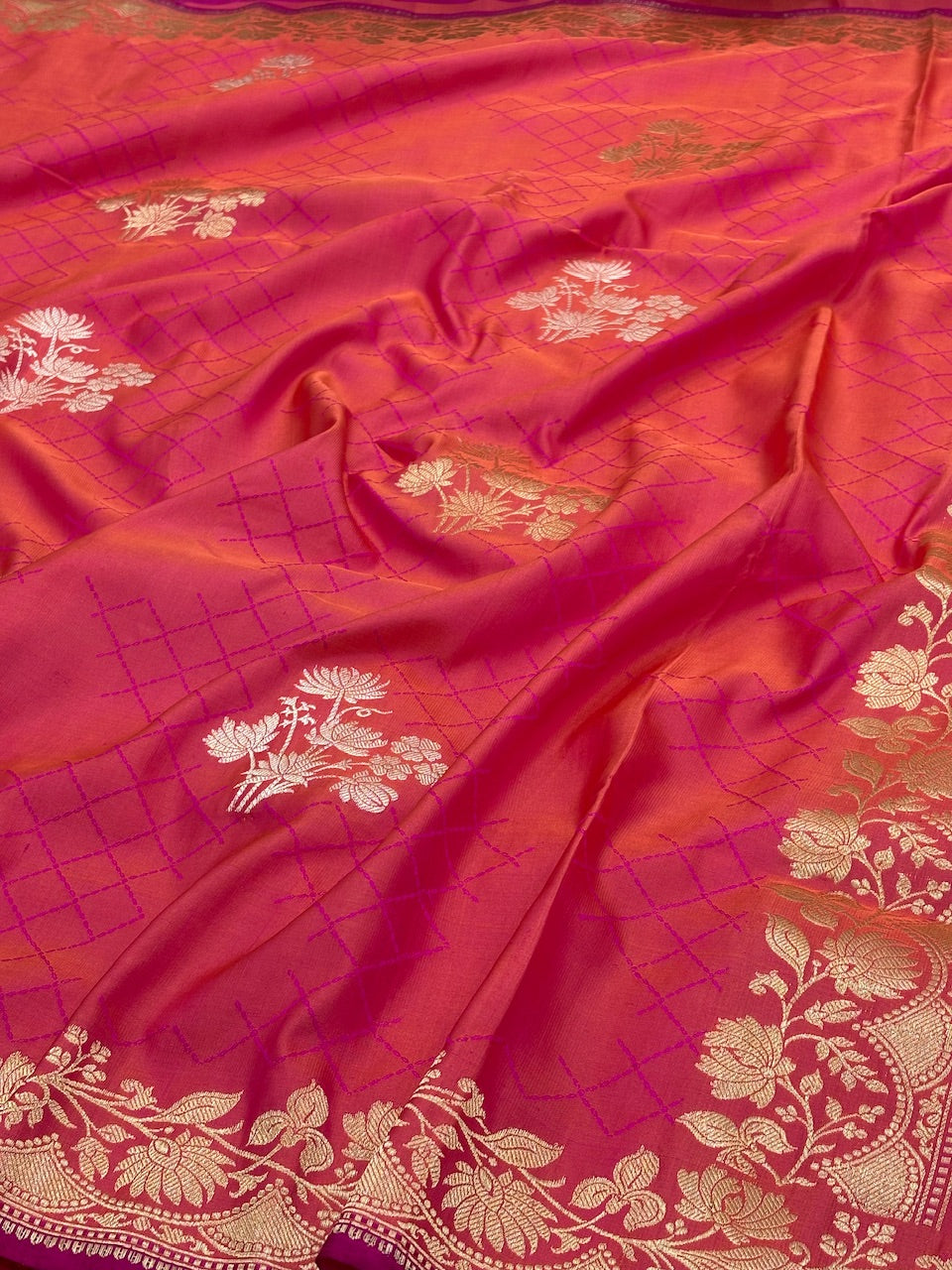 Orangish Pink Banarasi Satin-Mashru Silk Handwoven Saree