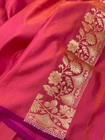 Orangish Pink Banarasi Satin-Mashru Silk Handwoven Saree