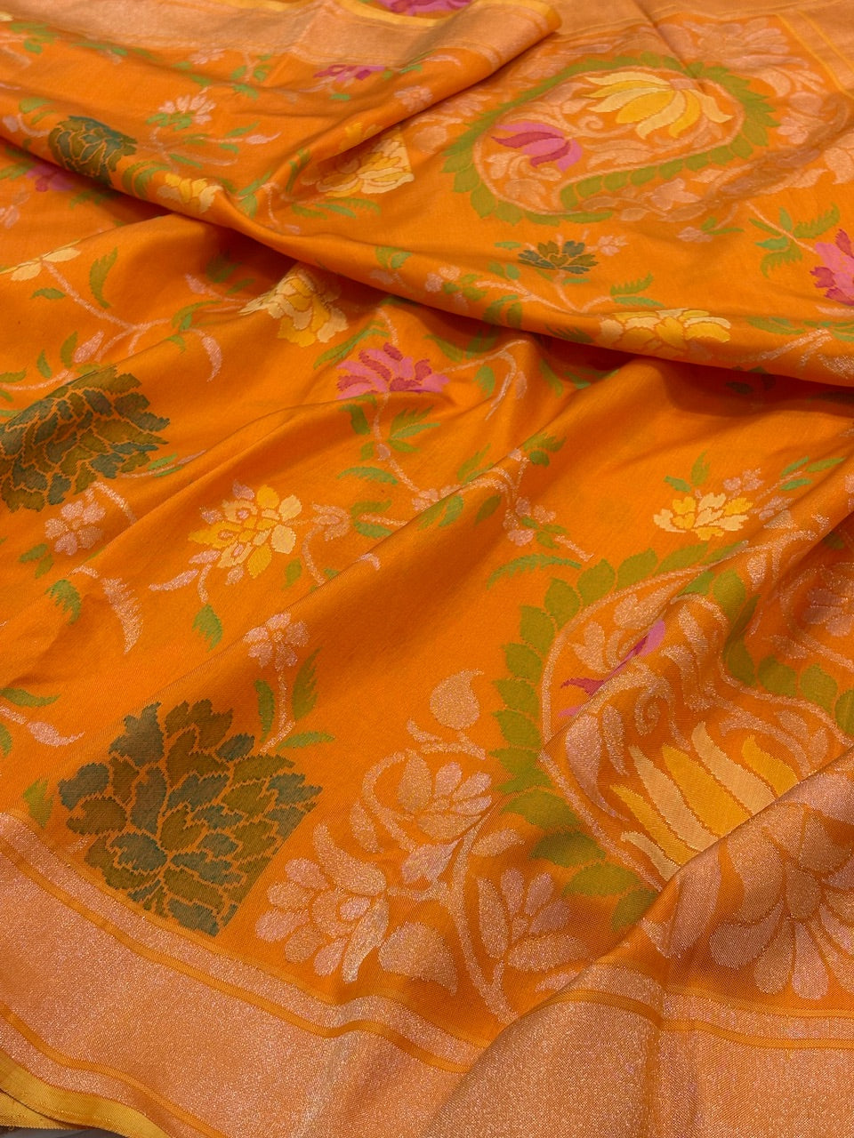 Orange Banarasi Ektara Silk Jamdani Handwoven Saree with Real Zari