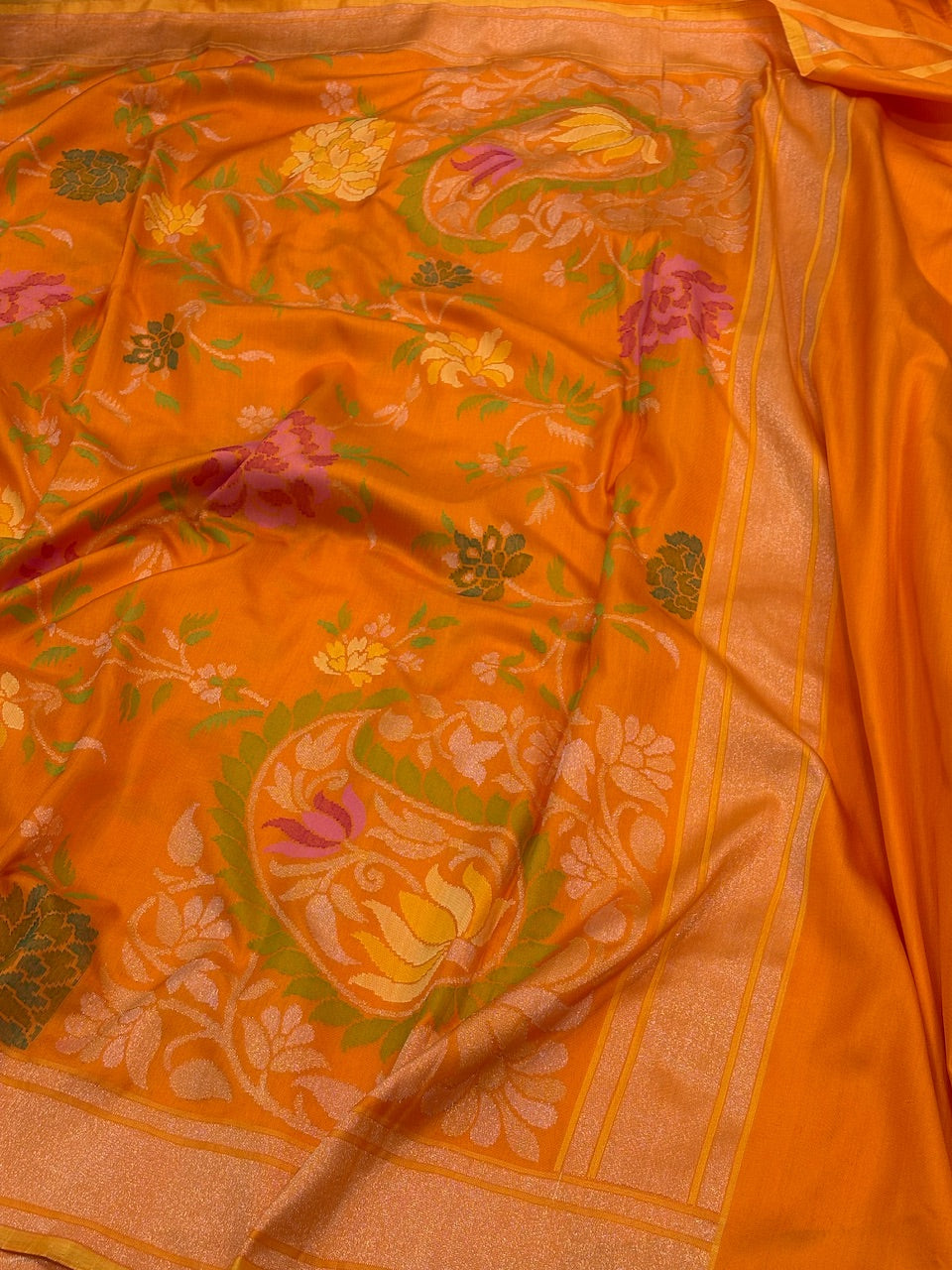 Orange Banarasi Ektara Silk Jamdani Handwoven Saree with Real Zari