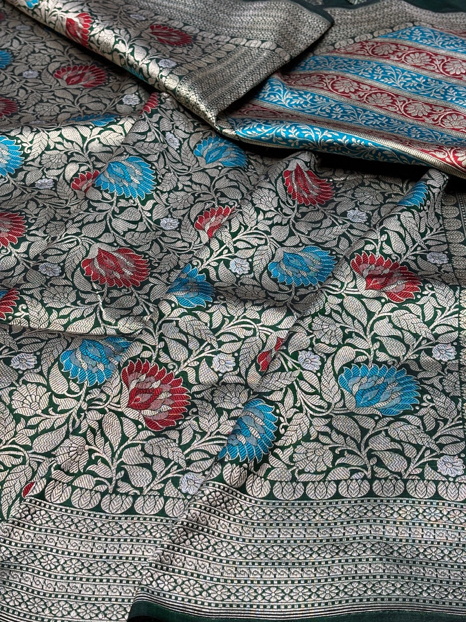 Bottle Green Banarasi Katan Brocade Handwoven Silk Saree