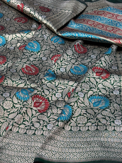 Bottle Green Banarasi Katan Brocade Handwoven Silk Saree