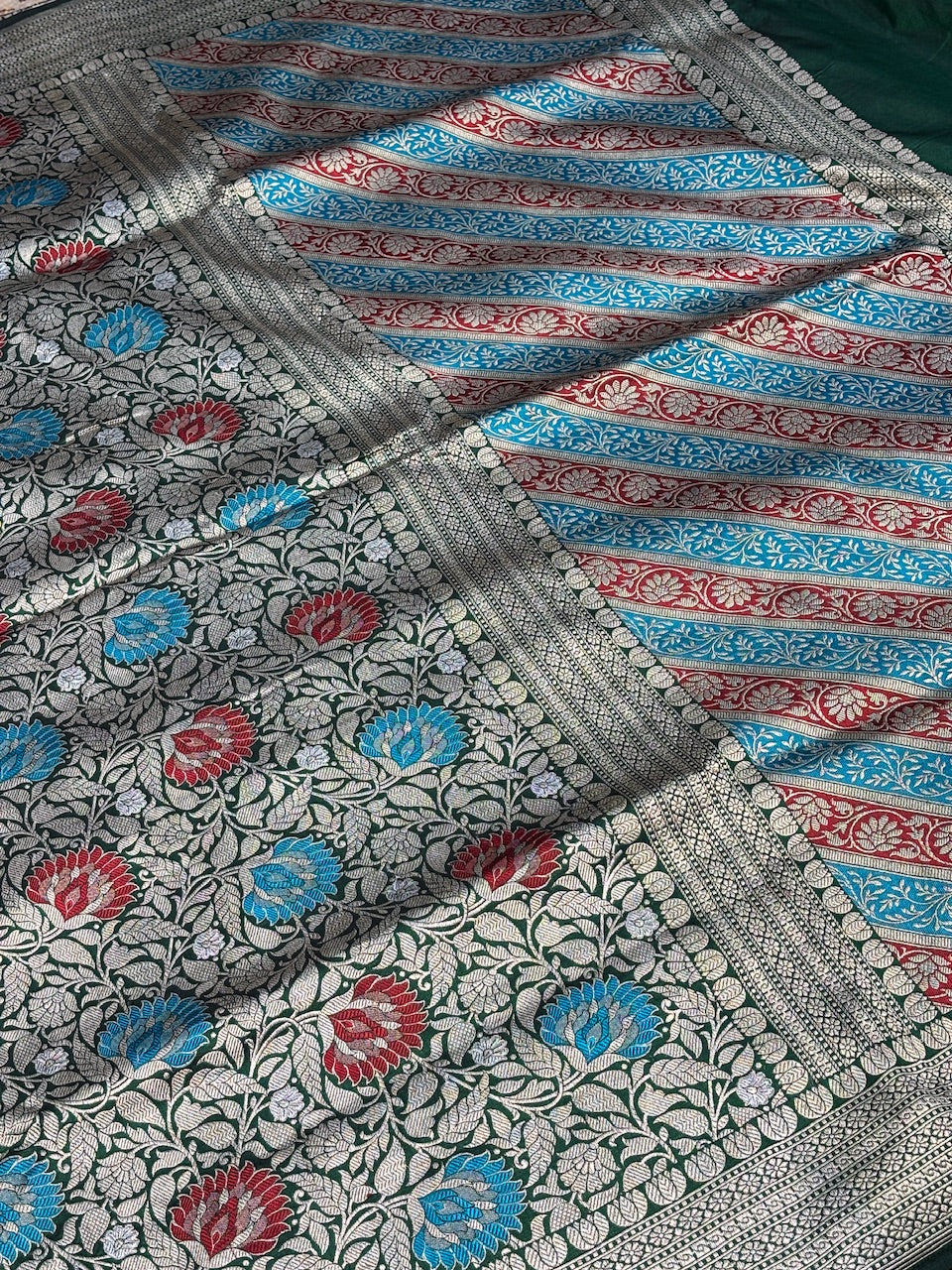 Bottle Green Banarasi Katan Brocade Handwoven Silk Saree