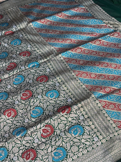 Bottle Green Banarasi Katan Brocade Handwoven Silk Saree