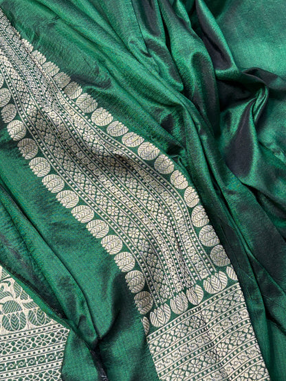 Bottle Green Banarasi Katan Brocade Handwoven Silk Saree