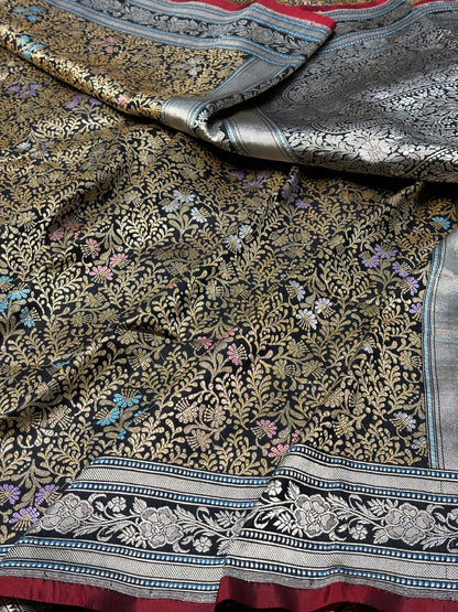 Black Banarasi Katan Brocade Handwoven Silk Saree